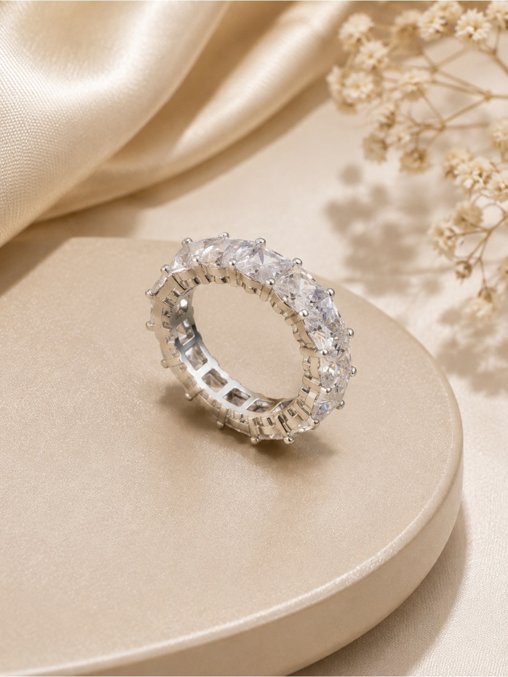 Silver Tone Square Crystal Eternity Band Ring